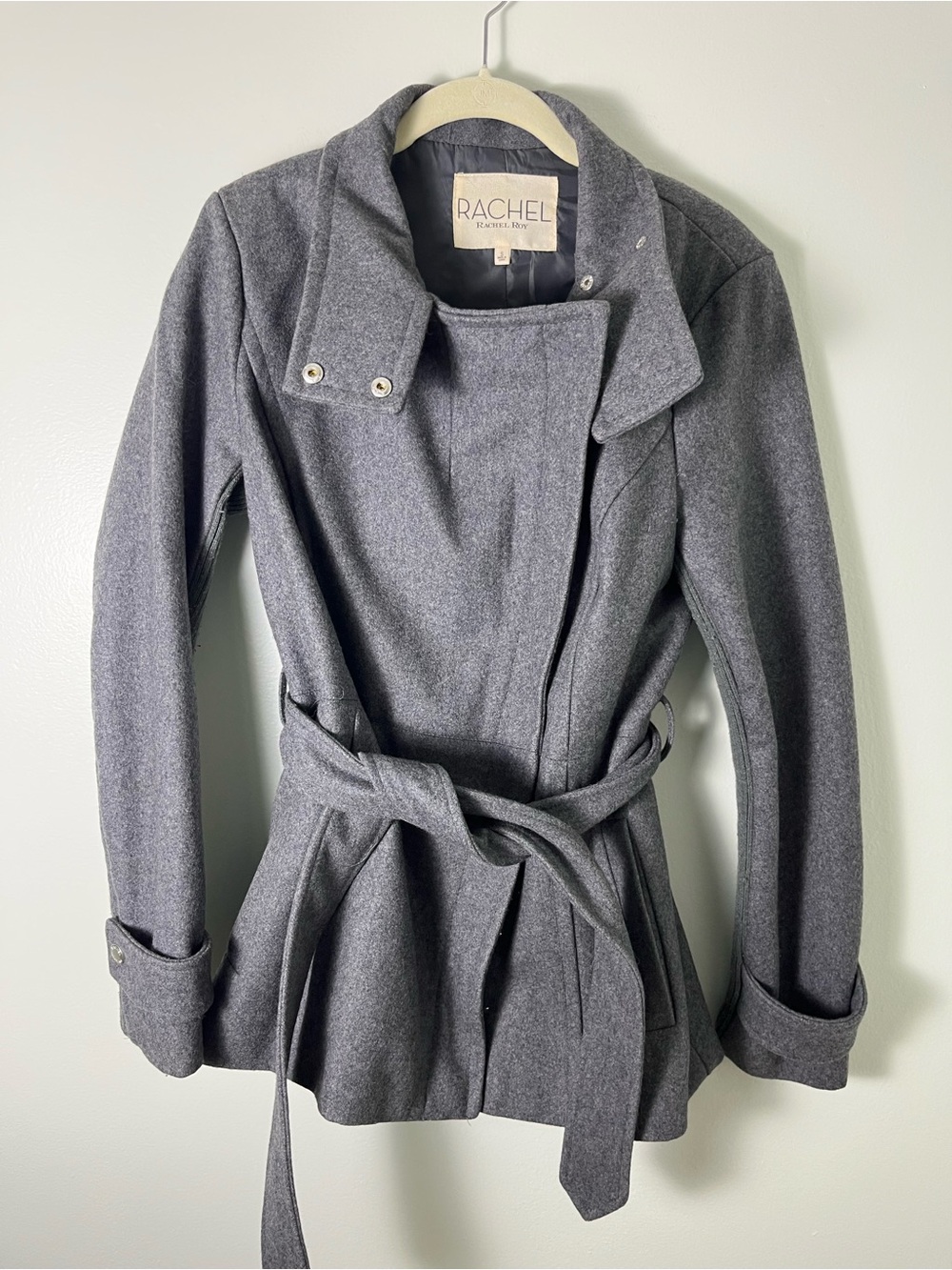 RACHEL Rachel Roy Charcoal Gray Wool-Blend Belted Peacoat